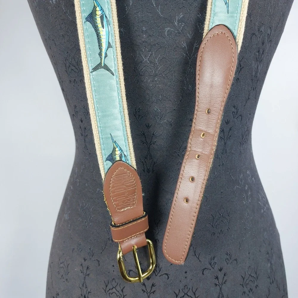 Zep Pro Marlin Ribbon Belt Mens 44 Teal Brown Leather Solid Brass Made In USA
